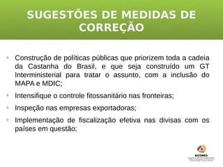 SUGESTÕES DE MEDIDAS DE
              CORREÇÃO

ü
    Construção de políticas públicas que priorizem toda a cadeia
    da Castanha do Brasil, e que seja construído um GT
    Interministerial para tratar o assunto, com a inclusão do
    MAPA e MDIC;
ü
    Intensifique o controle fitossanitário nas fronteiras;
ü
    Inspeção nas empresas exportadoras;
ü
    Implementação de fiscalização efetiva nas divisas com os
    países em questão;
 