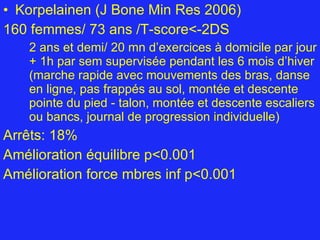 Korpelainen (J Bone Min Res 2006) 160 femmes/ 73 ans /T-score<-2DS 2 ans et demi/ 20 mn d’exercices à domicile par jour + 1h par sem supervisée pendant les 6 mois d’hiver (marche rapide avec mouvements des bras, danse en ligne, pas frappés au sol, montée et descente pointe du pied - talon, montée et descente escaliers ou bancs, journal de progression individuelle) Arrêts: 18% Amélioration équilibre p<0.001 Amélioration force mbres inf p<0.001 