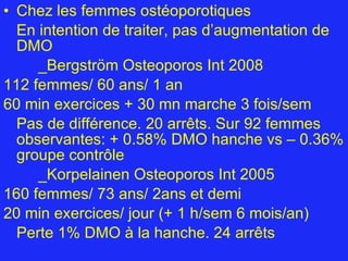 Chez les femmes ostéoporotiques En intention de traiter, pas d’augmentation de DMO _Bergström Osteoporos Int 2008 112 femmes/ 60 ans/ 1 an 60 min exercices + 30 mn marche 3 fois/sem Pas de différence. 20 arrêts. Sur 92 femmes observantes: + 0.58% DMO hanche vs – 0.36% groupe contrôle _Korpelainen Osteoporos Int 2005 160 femmes/ 73 ans/ 2ans et demi 20 min exercices/ jour (+ 1 h/sem 6 mois/an) Perte 1% DMO à la hanche. 24 arrêts 