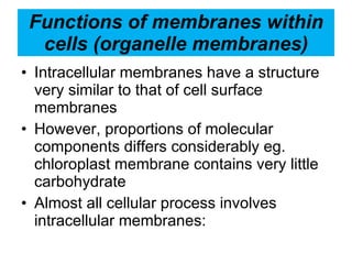 Functions of membranes within cells (organelle membranes) Intracellular membranes have a structure very similar to that of cell surface membranes However, proportions of molecular components differs considerably eg. chloroplast membrane contains very little carbohydrate Almost all cellular process involves intracellular membranes: 
