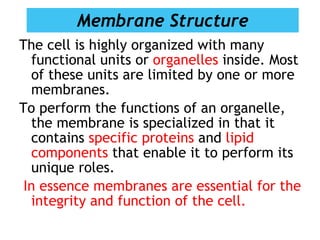 Membrane Structure The cell is highly organized with many functional units or  organelles  inside. Most of these units are limited by one or more membranes. To perform the functions of an organelle, the membrane is specialized in that it contains  specific proteins  and  lipid components  that enable it to perform its unique roles.   In essence membranes are essential for the integrity and function of the cell.  