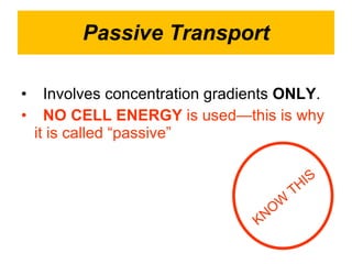 Passive Transport Involves concentration gradients  ONLY . NO CELL ENERGY  is used—this is why it is called “passive” KNOW THIS 
