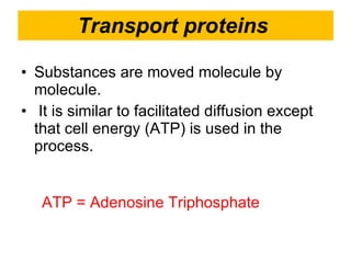 Transport proteins  Substances are moved molecule by    molecule. It is similar to facilitated diffusion except that cell energy (ATP) is used in the    process. ATP = Adenosine Triphosphate 