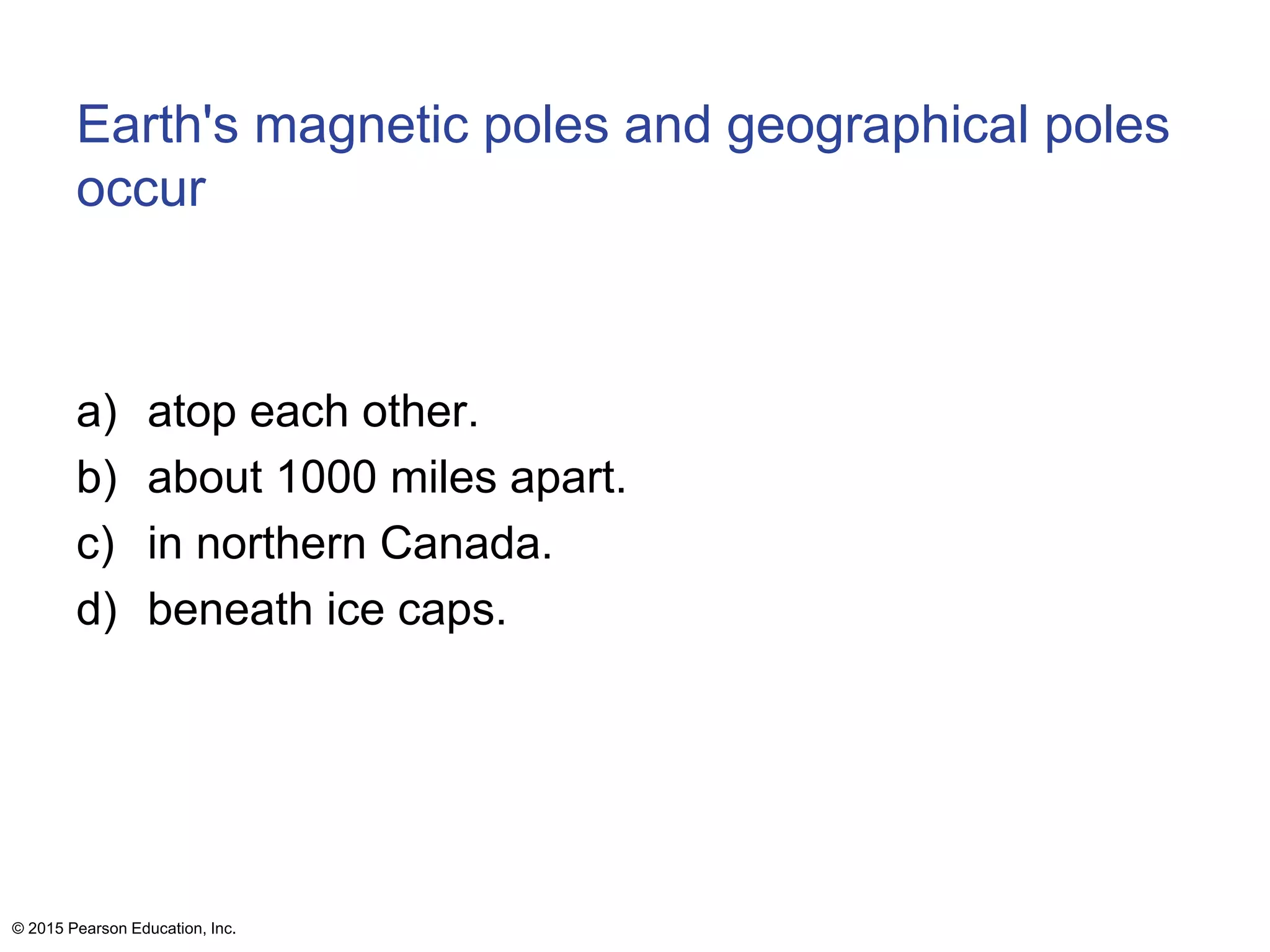 Earth's magnetic poles and geographical poles
occur
a) atop each other.
b) about 1000 miles apart.
c) in northern Canada.
d) beneath ice caps.
© 2015 Pearson Education, Inc.
 