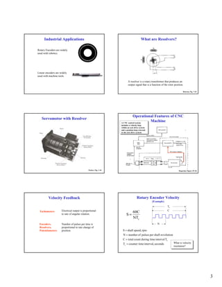 3
Industrial ApplicationsIndustrial Applications
Rotary Encoders are widely
used with robotics.
Linear encoders are widely
used with machine tools.
What areWhat are ResolversResolvers??
A resolver is a rotary transformer that produces an
output signal that is a function of the rotor position.
Bateson, Fig. 7.10
Servomotor withServomotor with ResolverResolver
Parker, Fig. 1-44
Operational Features of CNCOperational Features of CNC
MachineMachine
Degarmo, Figure 29-10.
A CNC control system
includes a velocity loop
within an axis drive system
and a position loop external
to the axis drive system.
Velocity FeedbackVelocity Feedback
Tachometers Electrical output is proportional
to rate of angular rotation.
Encoders,
Resolvers,
Potentiometers
Number of pulses per time is
proportional to rate change of
position.
Rotary Encoder VelocityRotary Encoder Velocity
(Example)(Example)
cNT
60C
S =
secondsinterval,mecounter tiT
TintervaltimeduringcounttotalC
revolutionshaftperpulsesofnumberN
rpmspeed,shaftS
c
c
=
=
=
=
C
N
Tc
What is velocity
resolution?
 