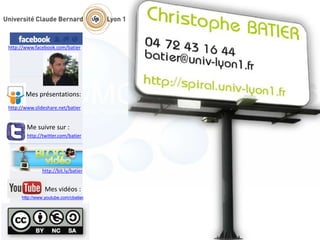 http://twitter.com/batier
Me suivre sur :
http://bit.ly/batier
http://www.facebook.com/batier
http://www.slideshare.net/batier
Mes présentations:
http://www.youtube.com/cbatier
Mes vidéos :
 