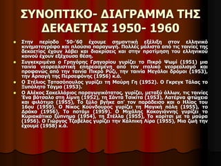 ΣΥΝΟΠΤΙΚΟ- ΔΙΑΓΡΑΜΜΑ ΤΗΣ 
ΔΕΚΑΕΤΙΑΣ 1950- 1960 
 Στην περίοδο '50-'60 έχουμε σημαντική εξέλιξη στον ελληνικό 
κινηματογράφο και πλούσια παραγωγή. Πολλές μάλιστα από τις ταινίες της 
δεκαετίας έχουν λάβει και διακρίσεις και στην προτίμηση του ελληνικού 
κοινού έχουν εξέχουσα θέση. 
 Συγκεκριμένα ο Γρηγόρης Γρηγορίου γυρίζει το Πικρό Ψωμί (1951) μια 
ταινία νεορεαλιστική επηρεασμένη από τον ιταλικό νεορεαλισμό και 
προφανώς από την ταινία Πικρό Ρύζι, την ταινία Μεγάλοι δρόμοι (1953), 
την Αρπαγή της Περσεφόνης (1956) κ.ά. 
 Ο Στέλιος Τατασόπουλος γυρίζει τη Μαύρη Γη (1952). Ο Γκρεγκ Τάλας το 
Ξυπόλητο Τάγμα (1953). 
 Ο Αλέκος Σακελλάριος παραγωγικότατος, γυρίζει, μεταξύ άλλων, τις ταινίες 
Ένα βότσαλο στη λίμνη (1952), τη Σάντα Τσικίτα (1953), Λατέρνα φτώχεια 
και φιλότιμο (1955), Το ξύλο βγήκε απ' τον παράδεισο και ο Ηλίας του 
16ου (1959). Ο Νίκος Κούνδουρος γυρίζει τη Μαγική πόλη (1955), το 
Δράκο (1956), Το ποτάμι (1959). Ο Μιχάλης Κακογιάννης γυρίζει το 
Κυριακάτικο ξύπνημα (1954), τη Στέλλα (1955), Το κορίτσι με τα μαύρα 
(1956). Ο Γιώργος Τζαβέλας γυρίζει την Κάλπικη Λίρα (1955), Μια ζωή την 
έχουμε (1958) κ.ά. 
 
