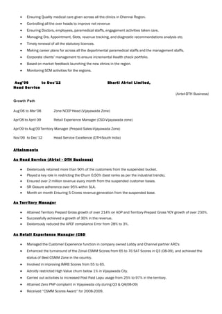 • Ensuring Quality medical care given across all the clinics in Chennai Region.
• Controlling all the over heads to improve net revenue
• Ensuring Doctors, employees, paramedical staffs, engagement activities taken care.
• Managing Drs. Appointment, Slots, revenue tracking, and diagnostic recommendations analysis etc.
• Timely renewal of all the statutory licences.
• Making career plans for across all the departmental paramedical staffs and the management staffs.
• Corporate clients’ management to ensure incremental Health check portfolio.
• Based on market feedback launching the new clinics in the region.
• Monitoring SCM activities for the regions.
Aug’06 to Dec’12 Bharti Airtel Limited,
Head Service
(Airtel-DTH Business)
Growth Path
Aug’06 to Mar’08 Zone NCEP Head (Vijayawada Zone)
Apr'08 to April 09 Retail Experience Manager (CSD-Vijayawada zone)
Apr'09 to Aug’09Territory Manager (Prepaid Sales-Vijayawada Zone)
Nov’09 to Dec’12 Head Service Excellence (DTH-South India)
Attainments
As Head Service (Airtel - DTH Business)
• Dexterously retained more than 90% of the customers from the suspended bucket.
• Played a key role in restricting the Churn 0.50% (best ranks as per the industrial trends).
• Ensured over 2 million revenue every month from the suspended customer bases.
• SR Closure adherence over 95% within SLA.
• Month on month Ensuring 5 Crores revenue generation from the suspended base.
As Territory Manager
• Attained Territory Prepaid Gross growth of over 214% on AOP and Territory Prepaid Gross YOY growth of over 230%.
• Successfully achieved a growth of 30% in the revenue.
• Dexterously reduced the APEF compliance Error from 28% to 3%.
As Retail Experience Manager (CSD
• Managed the Customer Experience function in company owned Lobby and Channel partner ARC's
• Enhanced the turnaround of the Zonal CSMM Scores from 65 to 76 SAT Scores in Q3 (08-09), and achieved the
status of Best CSMM Zone in the country.
• Involved in improving IMRB Scores from 55 to 65.
• Adroitly restricted High Value churn below 1% in Vijayawada City.
• Carried out activities to increased Post Paid Lapu usage from 25% to 97% in the territory.
• Attained Zero PNP complaint in Vijayawada city during Q3 & Q4(08-09)
• Received “CSMM Scores Award” for 2008-2009.
 