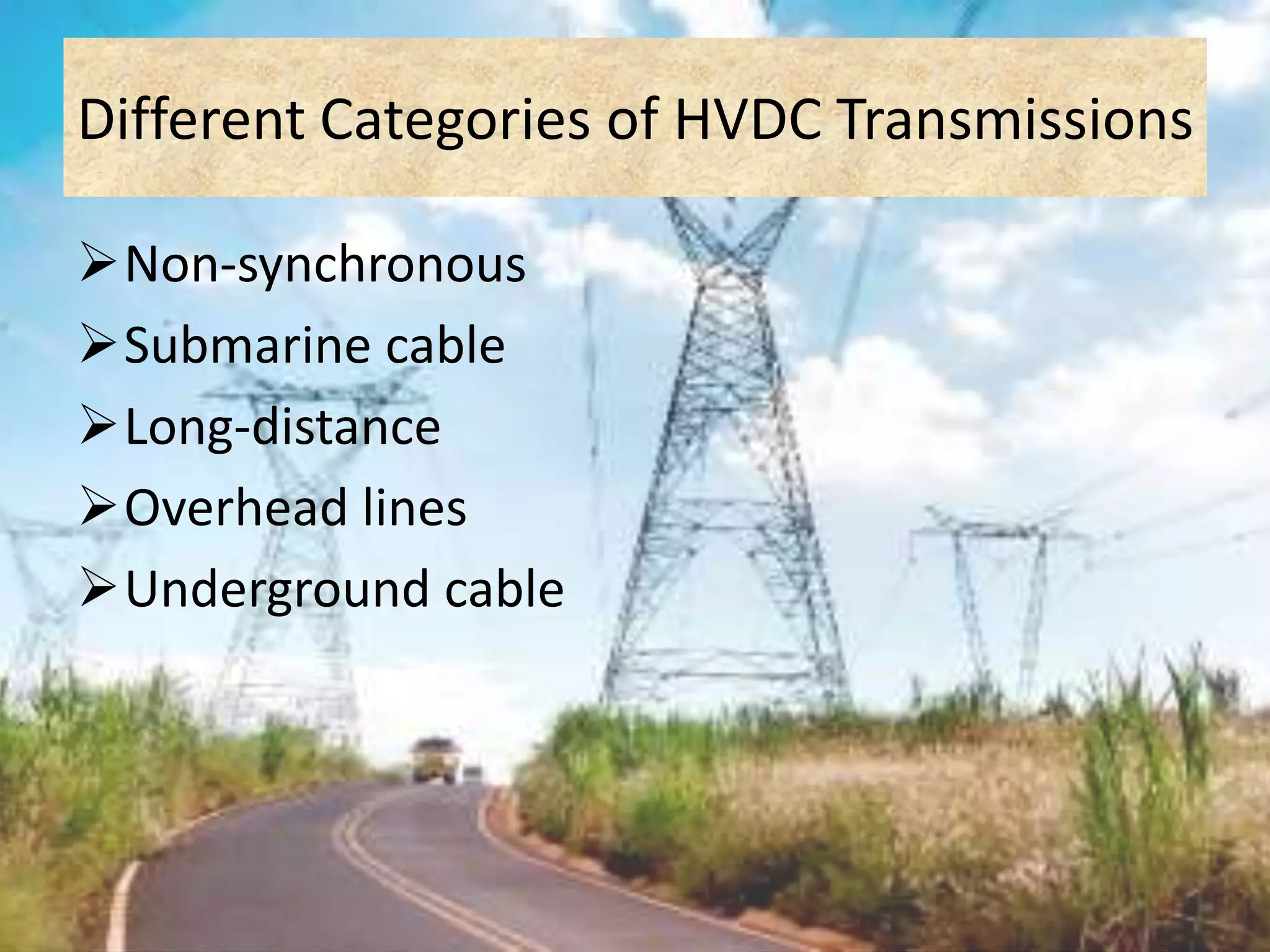 Different Categories of HVDC Transmissions
Non-synchronous
Submarine cable
Long-distance
Overhead lines
Underground cable
 