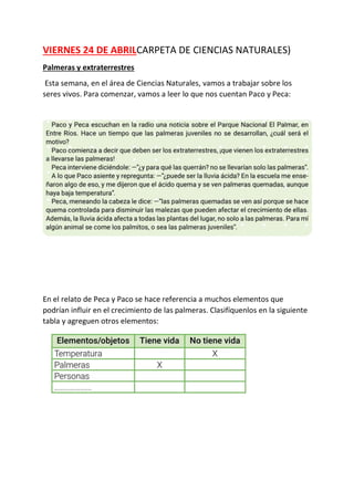 VIERNES 24 DE ABRILCARPETA DE CIENCIAS NATURALES)
Palmeras y extraterrestres
Esta semana, en el área de Ciencias Naturales...