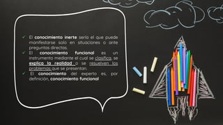  El conocimiento inerte sería el que puede
manifestarse solo en situaciones o ante
preguntas directas.
 El conocimiento funcional es un
instrumento mediante el cual se clasifica, se
explica la realidad o se resuelven los
problemas que se presentan.
 El conocimiento del experto es, por
definición, conocimiento funcional
 