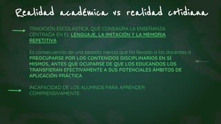 Realidad académica vs realidad cotidiana
TRADICIÓN ESCOLÁSTICA, QUE CONSAGRA LA ENSEÑANZA
CENTRADA EN EL LENGUAJE, LA IMITACIÓN Y LA MEMORIA
REPETITIVA
Es consecuencia de una pesada inercia que ha llevado a los docentes a
PREOCUPARSE POR LOS CONTENIDOS DISCIPLINARIOS EN SÍ
MISMOS, ANTES QUE OCUPARSE DE QUE LOS EDUCANDOS LOS
TRANSFIERAN EFECTIVAMENTE A SUS POTENCIALES ÁMBITOS DE
APLICACIÓN PRÁCTICA
INCAPACIDAD DE LOS ALUMNOS PARA APRENDER
COMPRENSIVAMENTE.
 