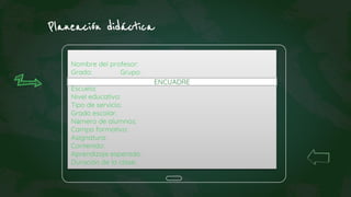 Planeación didáctica
Nombre del profesor:
Grado: Grupo:
Escuela:
Nivel educativo:
Tipo de servicio:
Grado escolar:
Número de alumnos:
Campo formativo:
Asignatura:
Contenido:
Aprendizaje esperado:
Duración de la clase:
ENCUADRE
 