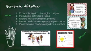 1. El docente explica las reglas a seguir
2. Motivación: actividad o juego
3. Explora los conocimientos previos
4. Les recuerdo los conceptos que ya conocen
5. Planteamos el conflicto cognitivo a resolver
Secuencia didáctica
Inicio
 