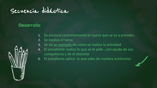 1. Se enuncia concretamente lo nuevo que se va a prender,
2. Se explica el tema
3. Se da un ejemplo de como se realiza la actividad
4. El estudiante realiza lo que se le pide , con ayuda de sus
compañeros y de el docente
5. El estudiante aplica lo que sabe de manera autónoma.
Secuencia didáctica
Desarrollo
 