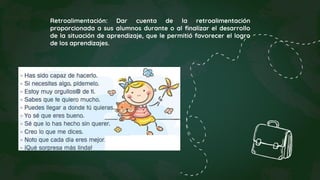 Retroalimentación: Dar cuenta de la retroalimentación
proporcionada a sus alumnos durante o al finalizar el desarrollo
de la situación de aprendizaje, que le permitió favorecer el logro
de los aprendizajes.
 