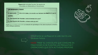 Difícilmente se verifique en la vida real. Es una
Situación ficticia.
NADIE “MIDE” EL CHOCOLATE QUE CONSUME EN
FRACCIONES NI SE PLANTEA LAS PREGUNTAS Y
OPERACIONES QUE ESTA ACTIVIDAD PROPONE.
 
