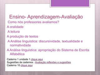 Ensino- Aprendizagem-Avaliação
Como nós professores avaliamos?
A oralidade
A leitura
A produção de textos
A Análise linguística: discursividade, textualidade e
normatividade
A Análise linguística: apropriação do Sistema de Escrita
Alfabética
Caderno 1 unidade 1 clique aqui
Sugestões de cadernos : Avaliação reflexões e sugestões
Caderno 10 clique aqui
 