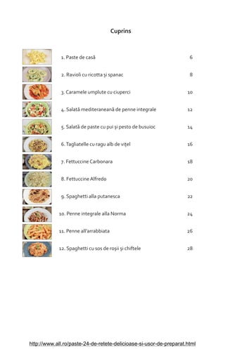 Cuprins
1. Paste de cas£ 6
2. Ravioli cu ricotta èi spanac 8
3. Caramele umplute cu ciuperci 10
4. Salat£ mediteranean£ de penne integrale 12
5. Salat£ de paste cu pui èi pesto de busuioc 14
6.Tagliatelle cu ragu alb de viìel 16
7. Fettuccine Carbonara 18
8. Fettuccine Alfredo 20
9. Spaghetti alla putanesca 22
10. Penne integrale alla Norma 24
11. Penne all’arrabbiata 26
12. Spaghetti cu sos de roèii èi chiftele 28
http://www.all.ro/paste-24-de-retete-delicioase-si-usor-de-preparat.html
 