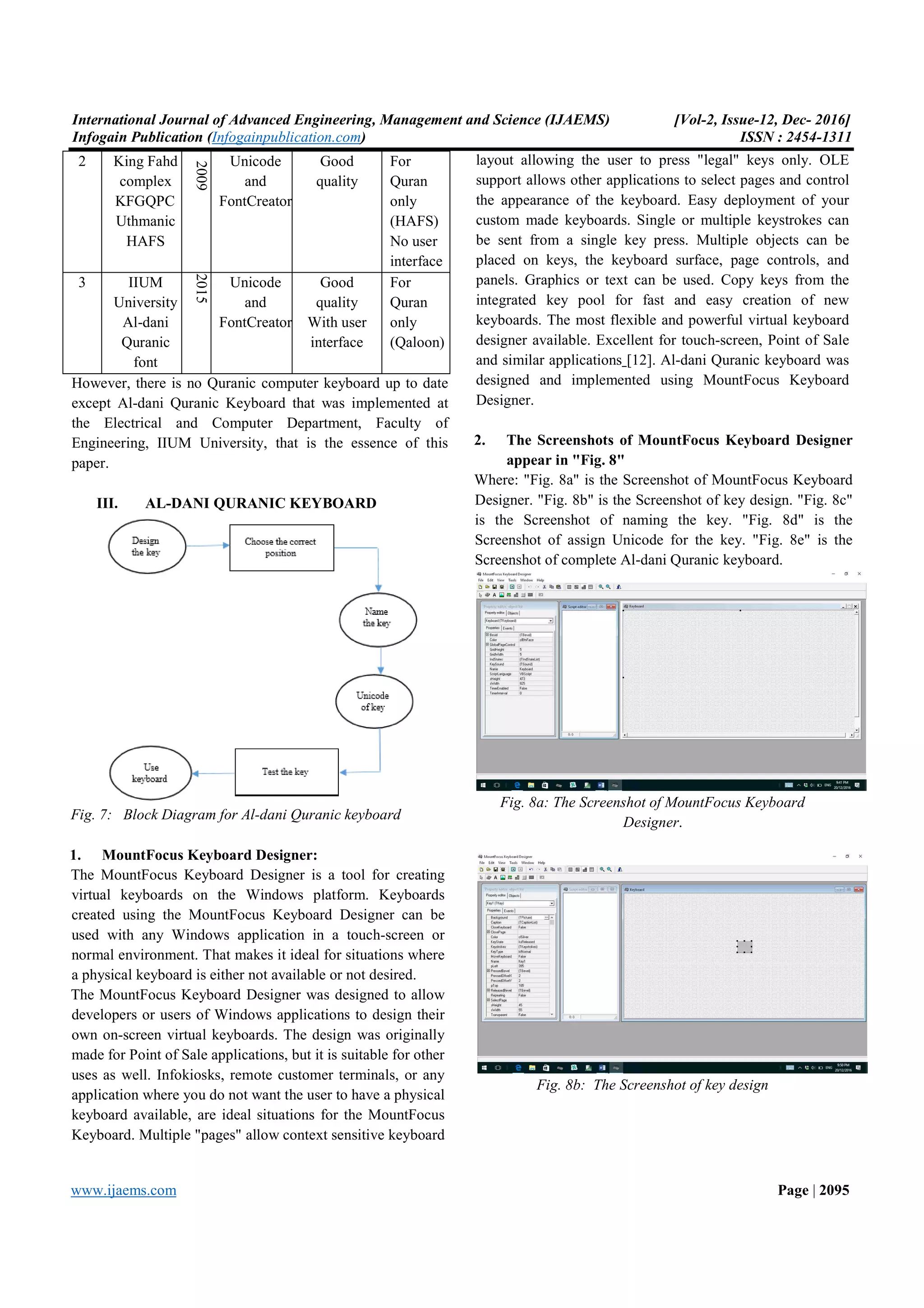 International Journal of Advanced Engineering, Management and Science (IJAEMS) [Vol-2, Issue-12, Dec- 2016] Infogain Publication (Infogainpublication.com) ISSN : 2454-1311 www.ijaems.com Page | 2095 2 King Fahd complex KFGQPC Uthmanic HAFS 2009 Unicode and FontCreator Good quality For Quran only (HAFS) No user interface 3 IIUM University Al-dani Quranic font 2015 Unicode and FontCreator Good quality With user interface For Quran only (Qaloon) However, there is no Quranic computer keyboard up to date except Al-dani Quranic Keyboard that was implemented at the Electrical and Computer Department, Faculty of Engineering, IIUM University, that is the essence of this paper. III. AL-DANI QURANIC KEYBOARD Fig. 7: Block Diagram for Al-dani Quranic keyboard 1. MountFocus Keyboard Designer: The MountFocus Keyboard Designer is a tool for creating virtual keyboards on the Windows platform. Keyboards created using the MountFocus Keyboard Designer can be used with any Windows application in a touch-screen or normal environment. That makes it ideal for situations where a physical keyboard is either not available or not desired. The MountFocus Keyboard Designer was designed to allow developers or users of Windows applications to design their own on-screen virtual keyboards. The design was originally made for Point of Sale applications, but it is suitable for other uses as well. Infokiosks, remote customer terminals, or any application where you do not want the user to have a physical keyboard available, are ideal situations for the MountFocus Keyboard. Multiple "pages" allow context sensitive keyboard layout allowing the user to press "legal" keys only. OLE support allows other applications to select pages and control the appearance of the keyboard. Easy deployment of your custom made keyboards. Single or multiple keystrokes can be sent from a single key press. Multiple objects can be placed on keys, the keyboard surface, page controls, and panels. Graphics or text can be used. Copy keys from the integrated key pool for fast and easy creation of new keyboards. The most flexible and powerful virtual keyboard designer available. Excellent for touch-screen, Point of Sale and similar applications [12]. Al-dani Quranic keyboard was designed and implemented using MountFocus Keyboard Designer. 2. The Screenshots of MountFocus Keyboard Designer appear in "Fig. 8" Where: "Fig. 8a" is the Screenshot of MountFocus Keyboard Designer. "Fig. 8b" is the Screenshot of key design. "Fig. 8c" is the Screenshot of naming the key. "Fig. 8d" is the Screenshot of assign Unicode for the key. "Fig. 8e" is the Screenshot of complete Al-dani Quranic keyboard. Fig. 8a: The Screenshot of MountFocus Keyboard Designer. Fig. 8b: The Screenshot of key design 