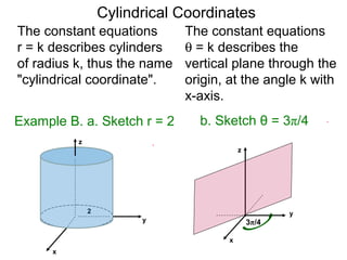 The constant equations
r = k describes cylinders
of radius k, thus the name
"cylindrical coordinate".
x
y
Example B. a. Sketch r = 2
2
The constant equations
θ = k describes the
vertical plane through the
origin, at the angle k with
x-axis.
b. Sketch θ = 3π/4
3π/4
Cylindrical Coordinates
z
x
y
z
 