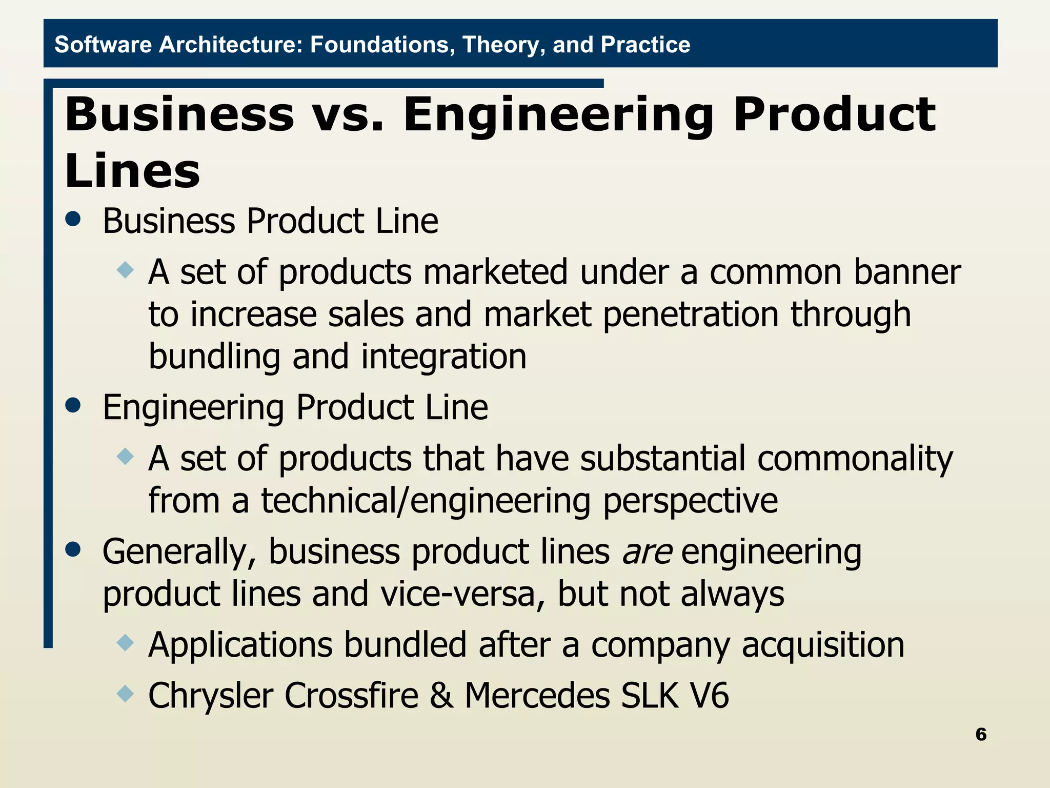 Business vs. Engineering Product Lines Business Product Line A set of products marketed under a common banner to increase sales and market penetration through bundling and integration Engineering Product Line A set of products that have substantial commonality from a technical/engineering perspective Generally, business product lines  are  engineering product lines and vice-versa, but not always Applications bundled after a company acquisition Chrysler Crossfire & Mercedes SLK V6 