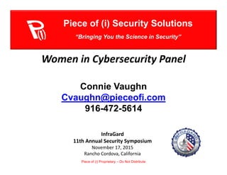 “Bringing You the Science in Security”
Piece of (i) Proprietary – Do Not Distribute
Women in Cybersecurity Panel
Connie Vaughn
Cvaughn@pieceofi.com
916-472-5614
InfraGard
11th Annual Security Symposium
November 17, 2015
Rancho Cordova, California
Piece of (i) Security Solutions
 