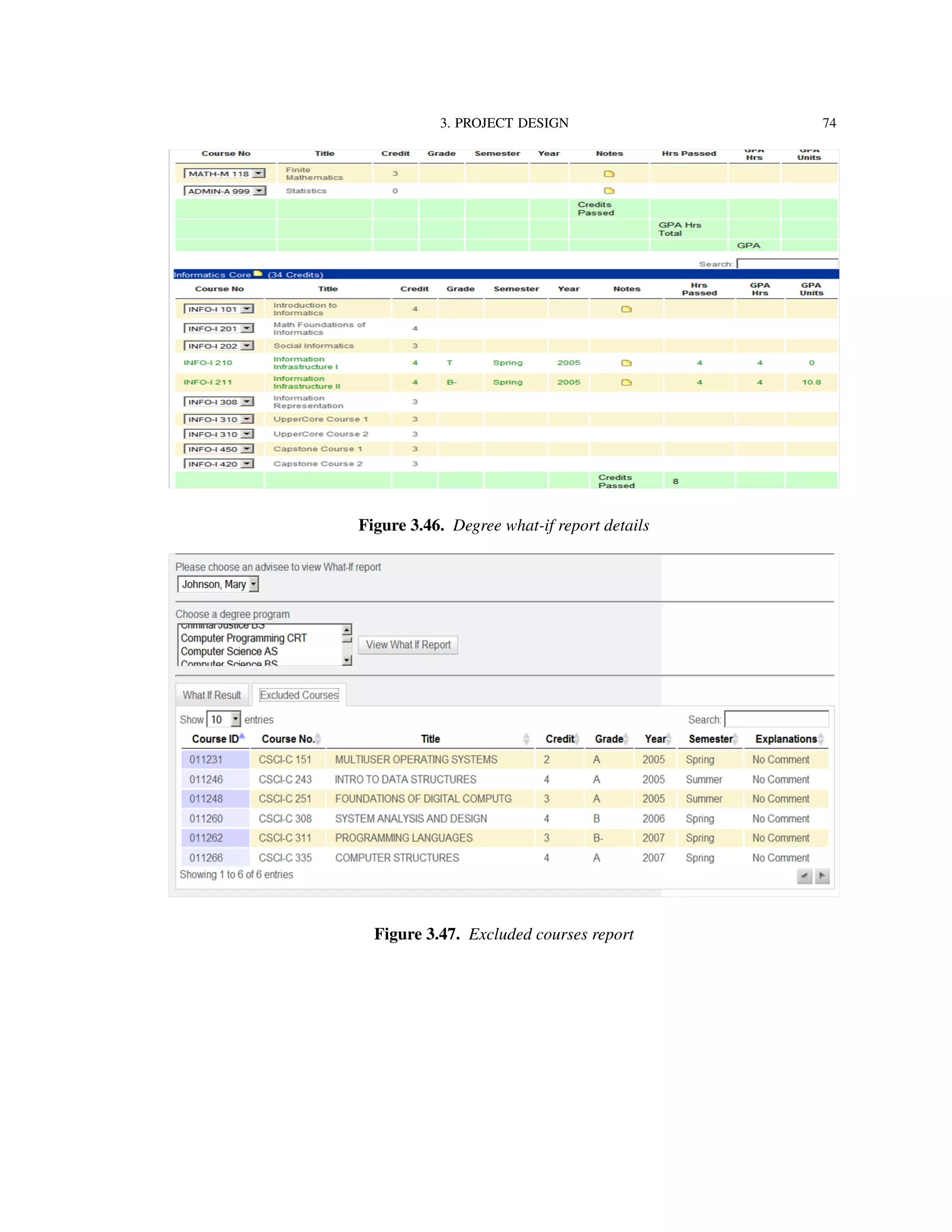 3. PROJECT DESIGN 74
Figure 3.46. Degree what-if report details
Figure 3.47. Excluded courses report
 