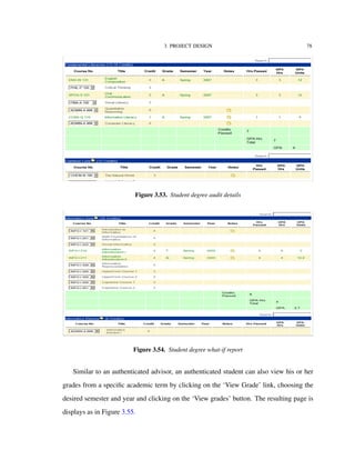 3. PROJECT DESIGN 78
Figure 3.53. Student degree audit details
Figure 3.54. Student degree what-if report
Similar to an authenticated advisor, an authenticated student can also view his or her
grades from a speciﬁc academic term by clicking on the ‘View Grade’ link, choosing the
desired semester and year and clicking on the ‘View grades’ button. The resulting page is
displays as in Figure 3.55.
 