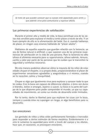 39
Niños y niñas de 0 a 2 años
Se trata de que puedan conocer que su cuerpo está capacitado para sentir, y
que además sirve para comunicarse y expresar afecto.
Las primeras experiencias de satisfacción
Durante el primer año y medio de vida, la boca constituye una de las zo-
nas más sensibles para explorar el medio y sentir placer a través de ella. Y un
buen ejemplo de ello es la alimentación del bebé. Eso sí, cuando hablamos
de placer, en ningún caso estamos hablando de “placer adulto”.
Hablamos de aquellos aspectos que guardan relación con la lactancia, ya
sea de forma natural o artificial, y que suponen una de las primeras expe-
riencias de satisfacción en la vida de una persona. Pues la lactancia no sólo
ofrece el alimento necesario para su supervivencia, ofrece además, ternura,
cariño y calor por parte de las personas que les cuidan que le transmiten la
seguridad y confianza necesarias.
De esta manera podemos observar cómo la mayoría de los niños de estas
edades chupan el chupete, o su propio dedo, proporcionándose el placer de
experimentar sensaciones agradables y asegurándose a sí mismos, cuando
así lo necesitan, calma y tranquilidad.
Chupar es algo que igualmente sirve para explorar y conocer todo lo que
les rodea. Con la boca son capaces de diferenciar objetos, si éstos son duros
o blandos, dulces o amargos, ásperos o suaves. La boca es la parte del cuer-
po de la que disponen para poder comprender el mundo, ya que sus capa-
cidades de movimiento, así como sus niveles de desarrollo están limitados.
Por lo tanto, darles la libertad para que exploren las cosas con la boca,
siempre y cuando éstas no supongan un riesgo, es algo beneficioso para su
desarrollo.
Las erecciones
Los genitales de niños y niñas están perfectamente formados e inervados
para responder a ciertos estímulos de forma mecánica. Evidentemente si a
esto le sumamos la capacidad para sentir a través del cuerpo y los afectos,
hace que, en ocasiones, se provoquen erecciones.
 