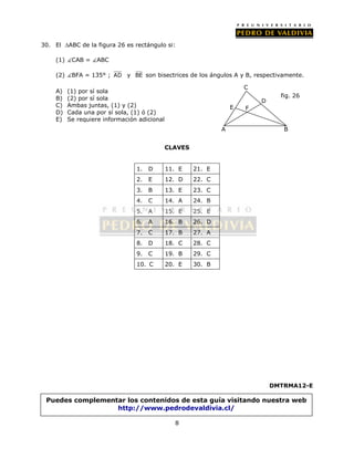 30. El ABC de la figura 26 es rectángulo si: 
8 
(1) CAB = ABC 
(2) BFA = 135° ; AD y BE son bisectrices de los ángulos A y B, respectivamente. 
A) (1) por sí sola 
B) (2) por sí sola 
C) Ambas juntas, (1) y (2) 
D) Cada una por sí sola, (1) ó (2) 
E) Se requiere información adicional 
CLAVES 
DMTRMA12-E 
1. D 11. E 21. E 
2. E 12. D 22. C 
3. B 13. E 23. C 
4. C 14. A 24. B 
5. A 15. E 25. E 
6. A 16. B 26. D 
7. C 17. B 27. A 
8. D 18. C 28. C 
9. C 19. B 29. C 
10. C 20. E 30. B 
E 
D 
C 
F 
Puedes complementar los contenidos de esta guía visitando nuestra web 
http://www.pedrodevaldivia.cl/ 
fig. 26 
A B 
