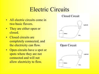 Electric Circuits
• All electric circuits come in
two basic flavors.
• They are either open or
closed.
• Closed circuits are
completely connected, and
the electricity can flow.
• Open circuits have a spot or
spots where they are not
connected and will not
allow electricity to flow.
 
