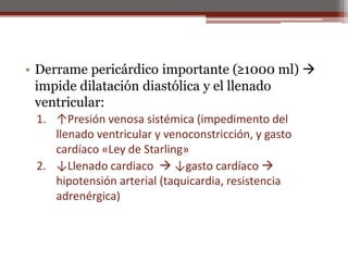 • Derrame pericárdico importante (≥1000 ml) 
impide dilatación diastólica y el llenado
ventricular:
1. ↑Presión venosa sistémica (impedimento del
llenado ventricular y venoconstricción, y gasto
cardíaco «Ley de Starling»
2. ↓Llenado cardiaco  ↓gasto cardíaco 
hipotensión arterial (taquicardia, resistencia
adrenérgica)
 