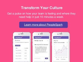 Transform Your Culture
Get a pulse on how your team is feeling and where they
need help in just 10 minutes a week.
Learn more about PeopleSpark
 