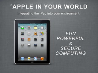 ˆAPPLE IN YOUR WORLD
Integrating the iPad into your environment.
FUN
POWERFUL
&
SECURE
COMPUTING
 
