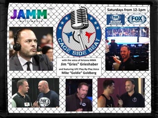 with the voice of Arizona MMA
Jim “Gries” Grieshaber
and featuring UFC Play-By-Play Voice
Mike “Goldie” Goldberg
Saturdays from 12-1pm
 