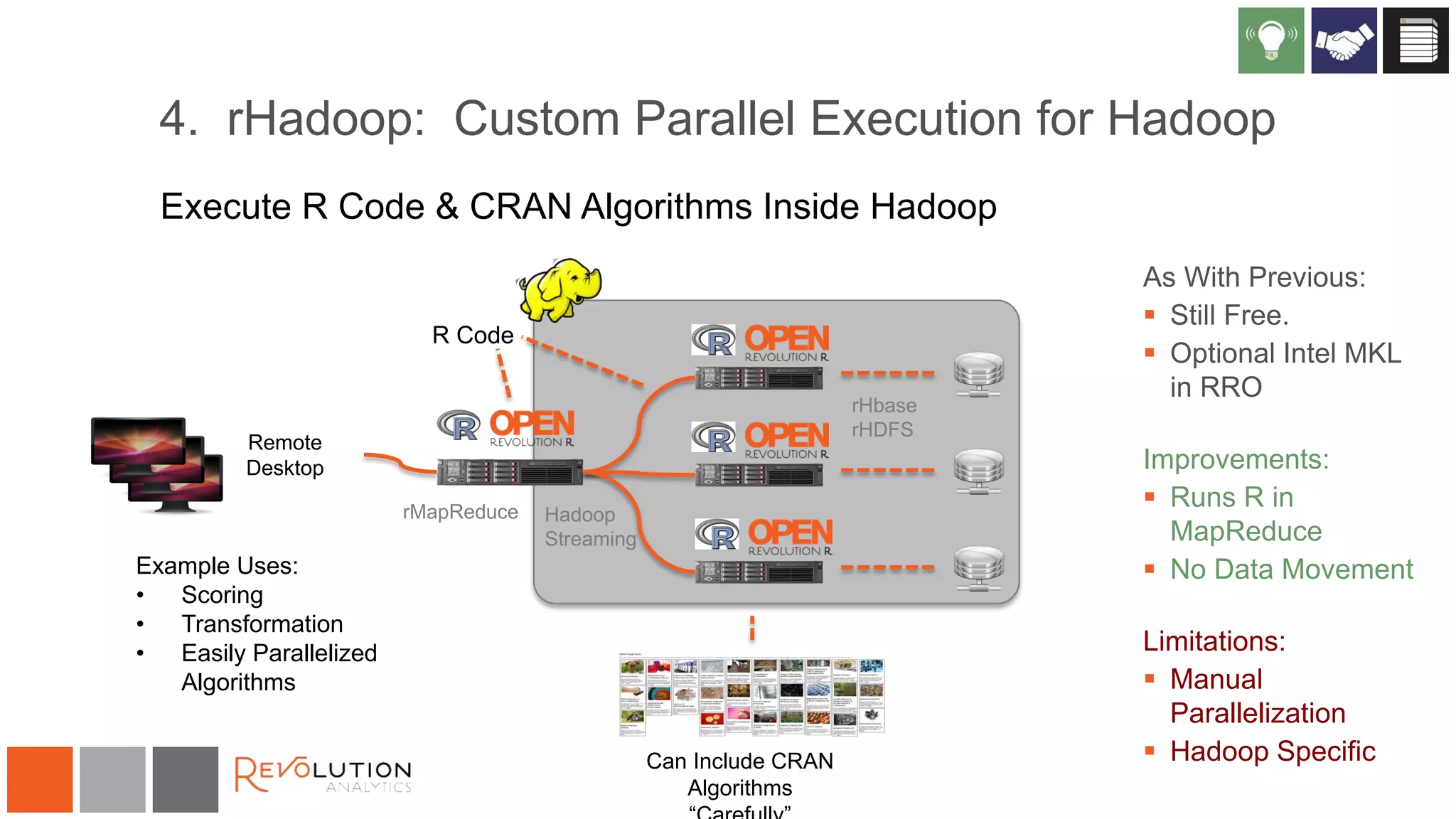 4. rHadoop: Custom Parallel Execution for Hadoop
Remote
Desktop
R Code
Execute R Code & CRAN Algorithms Inside Hadoop
Example Uses:
• Scoring
• Transformation
• Easily Parallelized
Algorithms
Hadoop
Streaming
Can Include CRAN
Algorithms
As With Previous:
 Still Free.
 Optional Intel MKL
in RRO
Improvements:
 Runs R in
MapReduce
 No Data Movement
Limitations:
 Manual
Parallelization
 Hadoop Specific
rHbase
rHDFS
rMapReduce
 