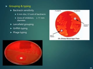  Grouping & typing
 Bacitracin sensitivity
 6 mm disc, 0.1unit of bacitracin.
 Zone of inhibition, ≥ 11 mm
diameter.
 Lancefield grouping
 Griffith typing
 Phage typing
45
 