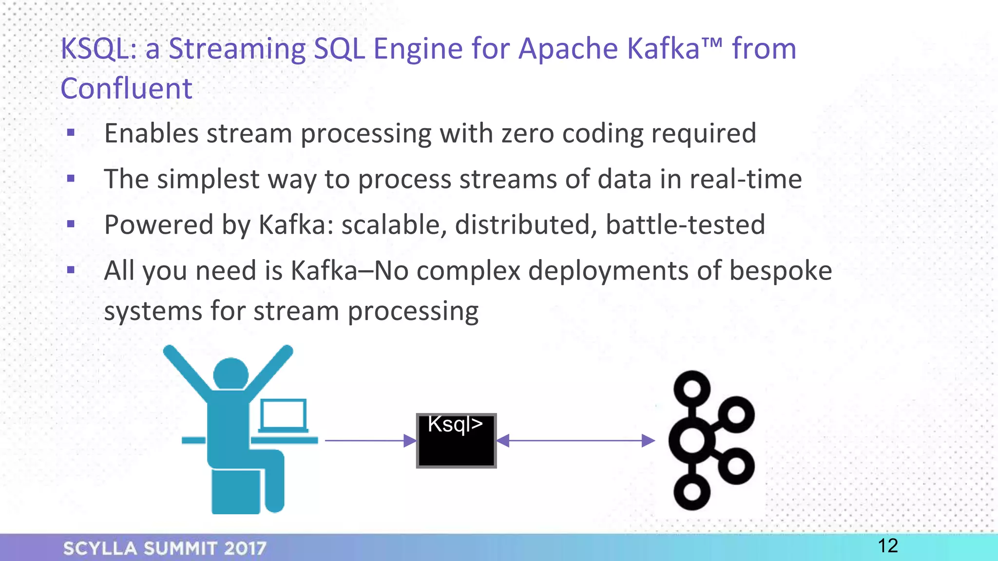 PRESENTATION TITLE ON ONE LINE
AND ON TWO LINES
First and last name
Position, company
KSQL: a Streaming SQL Engine for Apache Kafka™ from
Confluent
▪ Enables stream processing with zero coding required
▪ The simplest way to process streams of data in real-time
▪ Powered by Kafka: scalable, distributed, battle-tested
▪ All you need is Kafka–No complex deployments of bespoke
systems for stream processing
12
Ksql>
 