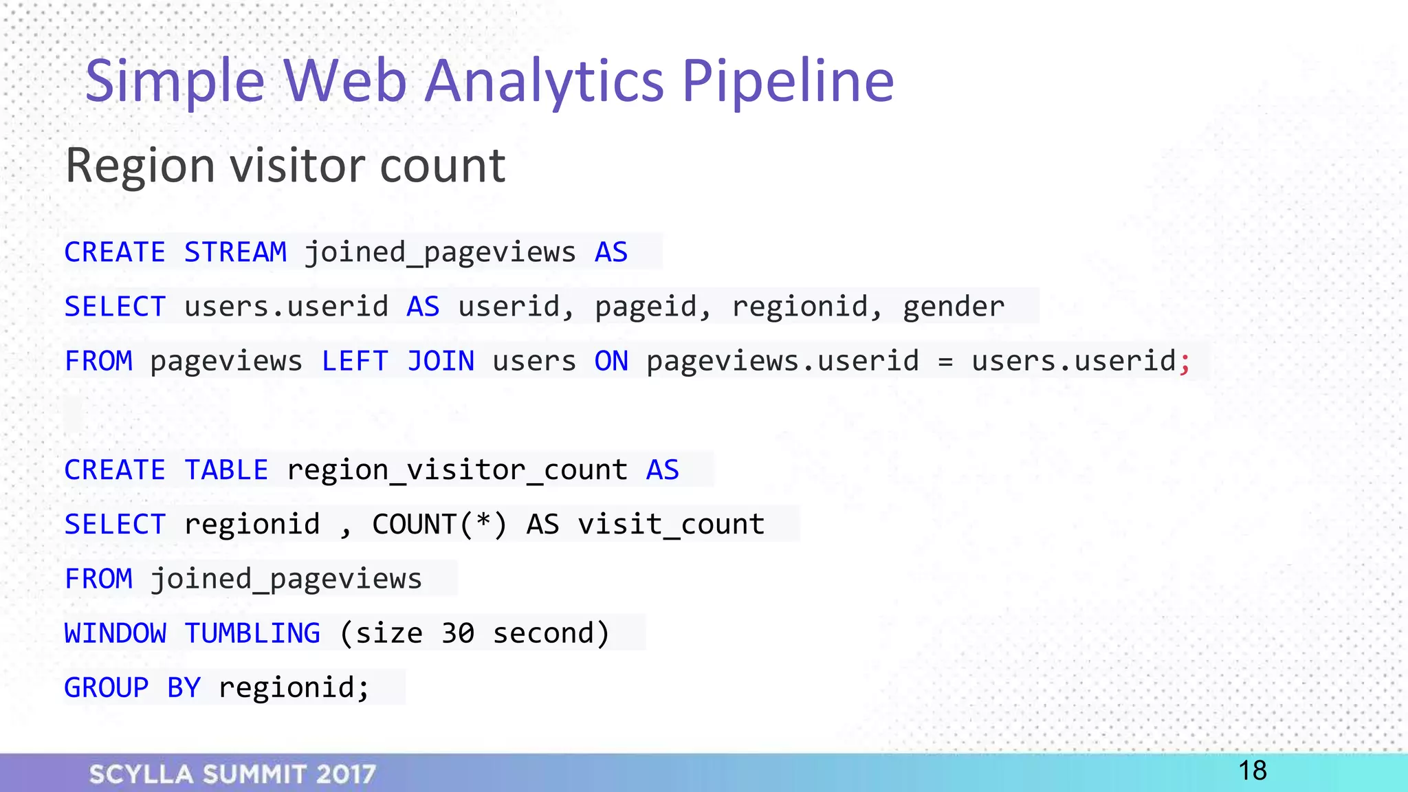 PRESENTATION TITLE ON ONE LINE
AND ON TWO LINES
First and last name
Position, company
Simple Web Analytics Pipeline
18
Region visitor count
CREATE STREAM joined_pageviews AS
SELECT users.userid AS userid, pageid, regionid, gender
FROM pageviews LEFT JOIN users ON pageviews.userid = users.userid;
CREATE TABLE region_visitor_count AS
SELECT regionid , COUNT(*) AS visit_count
FROM joined_pageviews
WINDOW TUMBLING (size 30 second)
GROUP BY regionid;
 