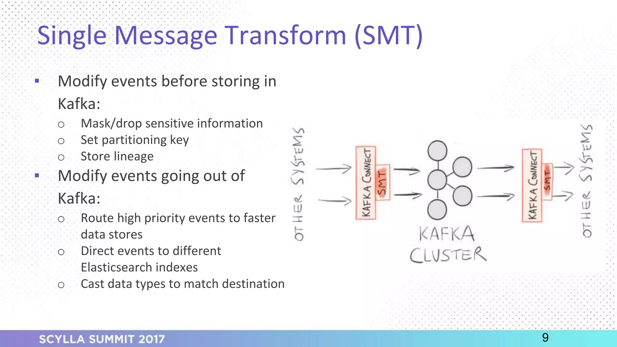 PRESENTATION TITLE ON ONE LINE
AND ON TWO LINES
First and last name
Position, company
Single Message Transform (SMT)
9
▪ Modify events before storing in
Kafka:
o Mask/drop sensitive information
o Set partitioning key
o Store lineage
▪ Modify events going out of
Kafka:
o Route high priority events to faster
data stores
o Direct events to different
Elasticsearch indexes
o Cast data types to match destination
 