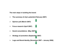 The main steps in building the brand:

   The summary of city’s potential (February 2007)


   Opinion poll (M h 2007)
   O i i     ll (March


   Focus research (April 2007)


   Social consultations (May 2007)


   Strategy of promotion (September 2007)


   Logo and Brand Identity (N
   L      dB    d Id tit (November 2007 – J
                               b          January 2008)
 