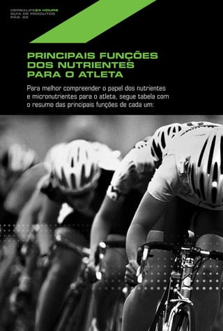 Herbalife24 hours
guia de produtos
pág. 22




     Principais funções
     dos nutrientes
     para o atleta
     Para melhor compreender o papel dos nutrientes
     e micronutrientes para o atleta, segue tabela com
     o resumo das principais funções de cada um:
 