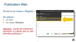 19
Publication Web
On est ici au niveau « Rapport »
On obtient :
 Un lien
 Un code <iframe>
Attention : l’accès est totalement
anonyme, à n’utiliser que sur des
données publiques !!
 