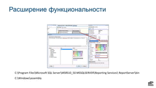 Расширение функциональности
C:Windowsassembly
C:Program FilesMicrosoft SQL ServerMSRS10_50.MSSQLSERVERReporting Services ReportServerbin
 