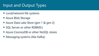  Local/network file systems
 Azure Blob Storage
 Azure Data Lake Store (gen 1 & gen 2)
 SQL Server or other RDBMS’s
 Azure CosmosDB or other NoSQL stores
 Messaging systems (like Kafka)
Input and Output Types
 