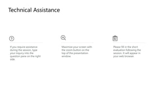 If you require assistance
during the session, type
your inquiry into the
question pane on the right
side.
Maximize your screen with
the zoom button on the
top of the presentation
window.
Please fill in the short
evaluation following the
session. It will appear in
your web browser.
Technical Assistance
 