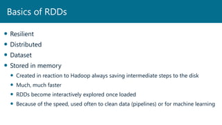  Resilient
 Distributed
 Dataset
 Stored in memory
 Created in reaction to Hadoop always saving intermediate steps to...