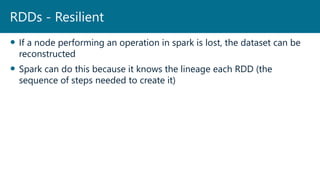  If a node performing an operation in spark is lost, the dataset can be
reconstructed
 Spark can do this because it know...