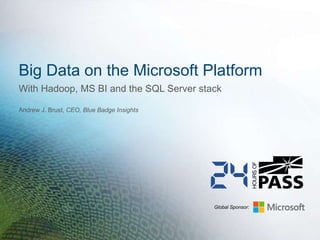 Global Sponsor:
Big Data on the Microsoft Platform
Andrew J. Brust, CEO, Blue Badge Insights
With Hadoop, MS BI and the SQL Server stack
 